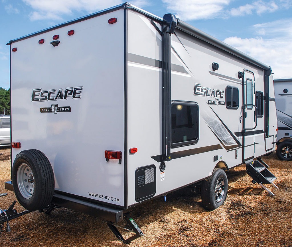 2019-KZ-RV-Escape-E201BH-Travel-Trailer-Exterior-Rear-3-4-Door-large
